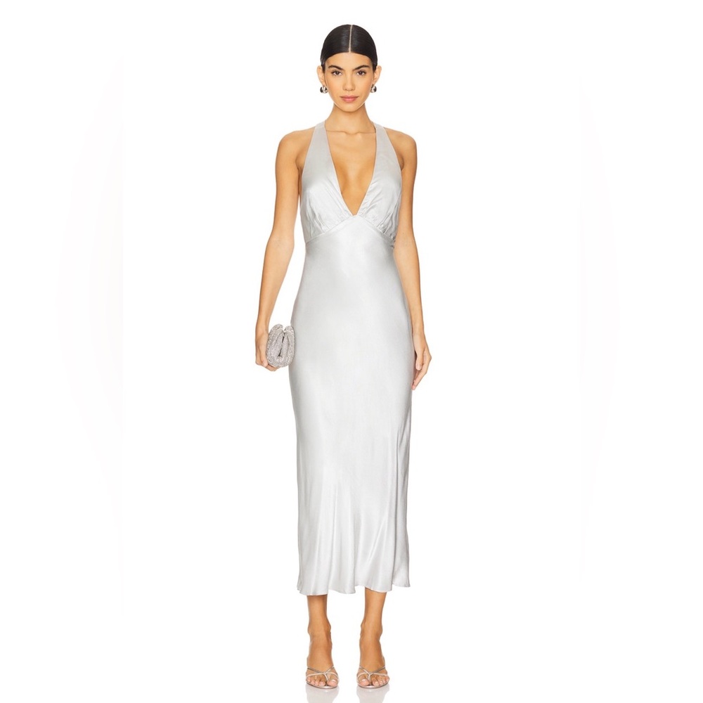 Shona Joy La Lune Plunged Cross Back Midi Dress in Silver